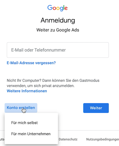 Google Konto für Unternehmen anlegen