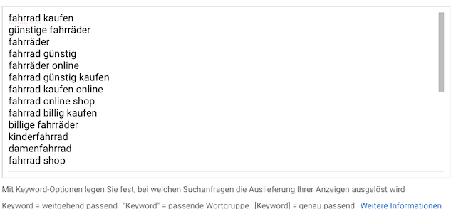 Unter den Keyword-Vorschlägen werden die Keyword-Optionen erklärt