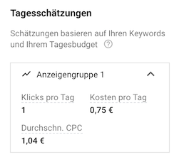 Die Tagesschätzungen mit Klicks und Kosten je Tag und durchschnittlichem CPC